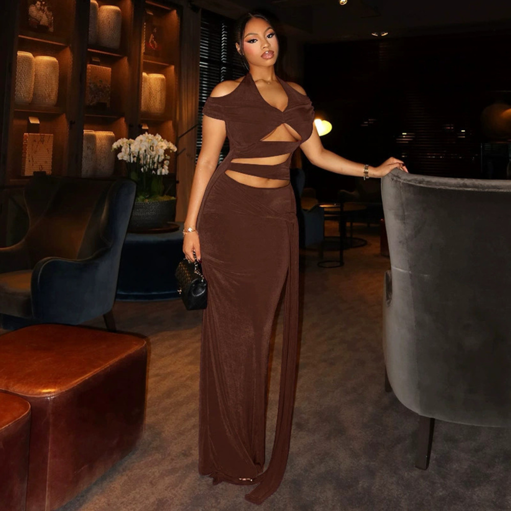 ZARA Solid Color Cutout Design Bodycon Party Halter Tie Strap Long Dress